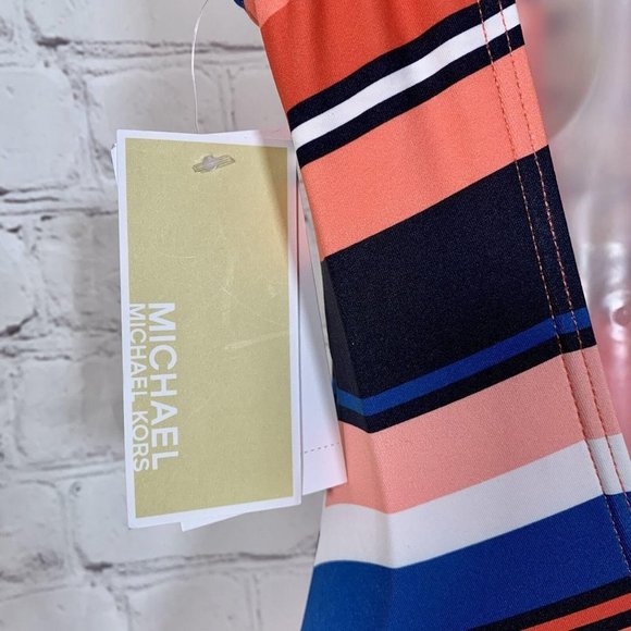 ☀️Michael Kors Striped Chain-Ring One-Piece Swimsuit Persimmon Multi Size 4 NWT - Picture 7 of 8